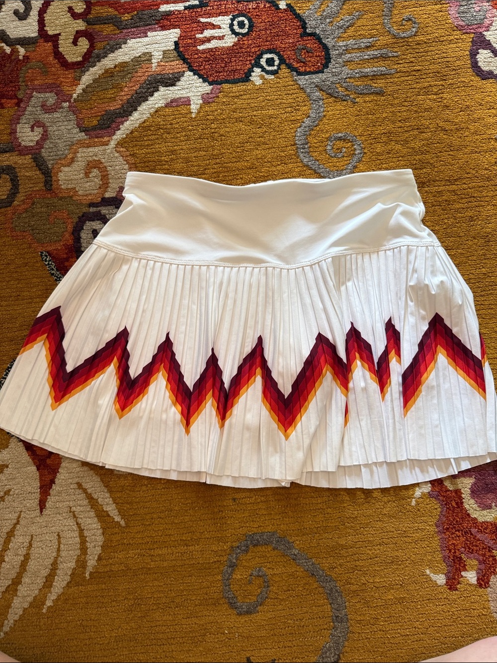 Pleated White Mini Skirt with Red and Orange Chevron Trim Lucky in Love 8/10